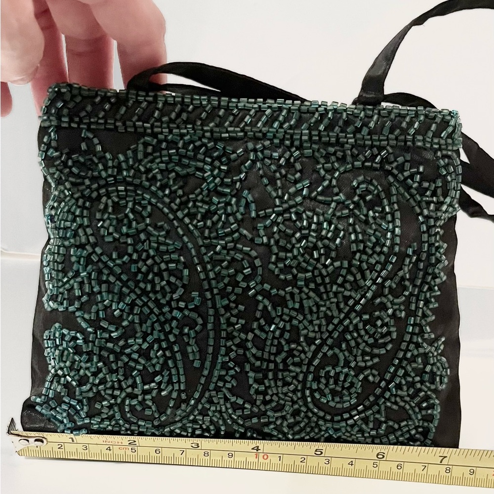 Vintage Teal Green Beaded Evening Bag Black Satin - Picture 13 of 15